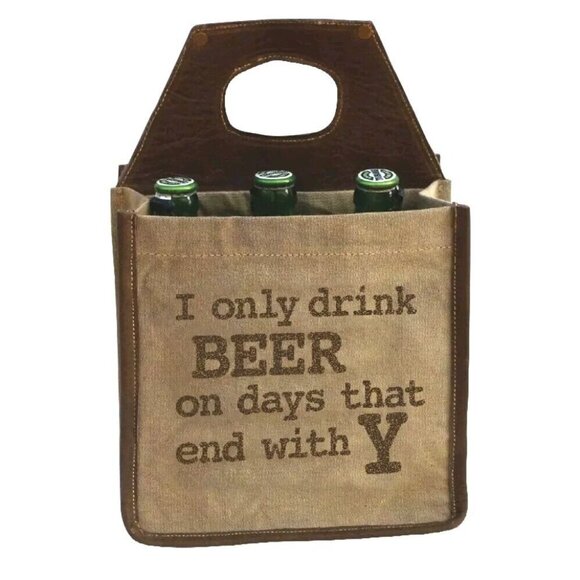 Beer Carrier Cooler Faux Leather Distressed Gift For Man Party 6 Pack Canvas - Picture 9 of 9